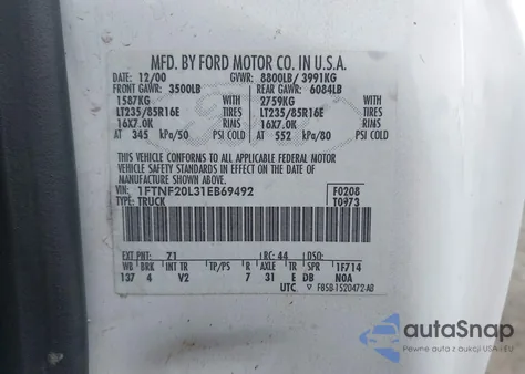 2001 Ford F-250 Xl/Xlt z USA, uszkodzony, nr VIN 1FTNF20L31EB69492